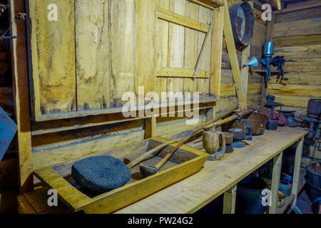 Traditional kitchen utensils inside a blue house of Jodhpur, Rajasthah ...