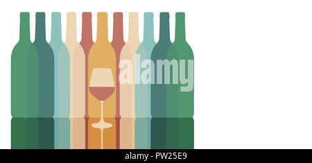 Colorful silhouettes of wine bottles are seen with one glass of wine. Muted colors.  This is an illustration. Stock Photo