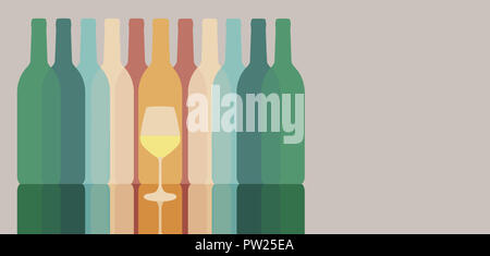 Colorful silhouettes of wine bottles are seen with one glass of wine. Muted colors.  This is an illustration. Stock Photo