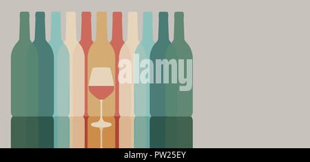 Colorful silhouettes of wine bottles are seen with one glass of wine. Muted colors.  This is an illustration. Stock Photo