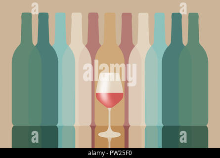 Colorful silhouettes of wine bottles are seen with one glass of wine. Muted colors.  This is an illustration. Stock Photo