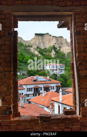 Aerial window view with traditional bulgarian houses in Melnik, Bulgaria Stock Photo