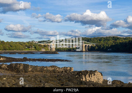 The Menai Bridge over the Menai Straits from Anglesey Stock Photo