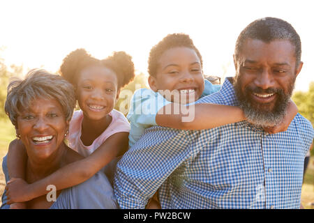 Portrait Of Grandparents With Grandchildren Enjoying Walk In Park Together Stock Photo