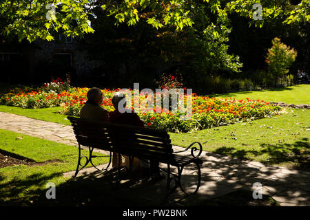 UK, Kent, Canterbury, Westgate Gardens, silhouetted senior couple sat in sunshine on bench amongst flowers Stock Photo