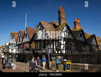 UK, Kent, Canterbury, High Street, Weaver’s House, ancient timber framed building beside Great Stour Stock Photo