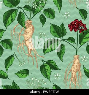 Realistic Botanical ink sketch seamless color pattern with ginseng root, flowers and berries Floral herbs collection. Traditional chinese medicine plant. Stock Vector