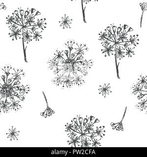 Simple seamless pattern with Realistic Botanical ink sketch ginseng flowers solated on white, floral herbs collection. Traditional chinese medicine plant. Stock Vector