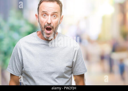 Middle age senior hoary man over isolated background afraid and shocked with surprise expression, fear and excited face. Stock Photo