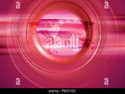 Red technology abstract background with world map and smooth circles. Vector design Stock Vector