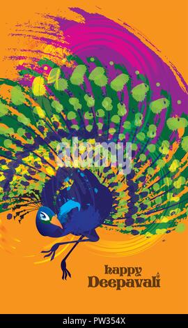 Deepavali vector of a colourful dancing peacock, presented in ink energetic splashing style. Stock Vector