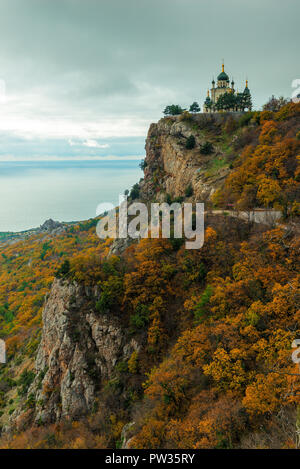 Autumn landscape, view of Foros church in Crimea against the background of the Black Sea, Russia. Temple of the Resurrection of Christ. Stock Photo