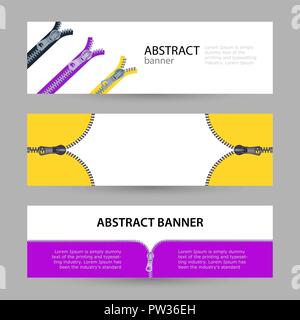 Set horizontal banners with empty place for text. metal zippers for clothing in different colors. banner templates for your projects. Stock Vector