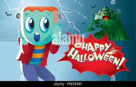 A cute Frankenstein with a haunted castle. Stock Vector