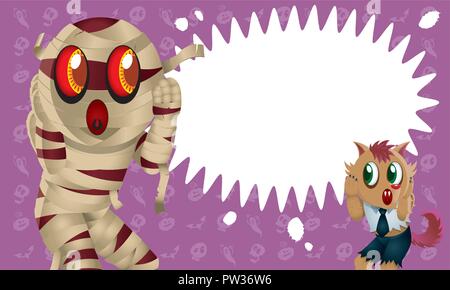 A cute Mummy and wolf man with spooky background. Stock Vector