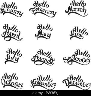 Names of all months of the year written by hand. Lettering. Beautiful letters on white background. Isolated image for invitations, calendars, t-shirt prints and more Stock Vector