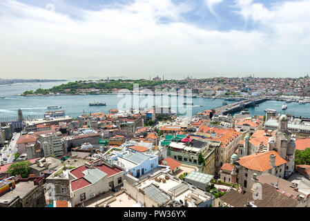 The view from Galata Tower across Beyoglu to the Golden Horn and Galata bridge on a sunny day, Istanbul, Turkey Stock Photo