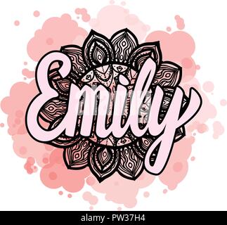Lettering Female name Emily on bohemian hand drawn frame mandala pattern and trend color stained. Vector illustration fashion style print isolated on white background. Stock Vector