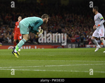 Spain goalkeeper David de Gea in action during the Wales v Spain Friendly Football at Principalty Stadium Cardiff Wales on October 12 2018 Graham / Gl Stock Photo