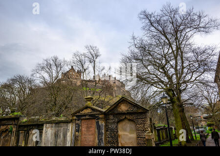 Castle and Graveyards, Greyfriars Cemetery, Edinburgh, Scotland, United Kingdom Stock Photo