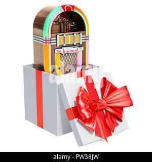 Jukebox inside gift box, gift concept. 3D rendering isolated on white background Stock Photo