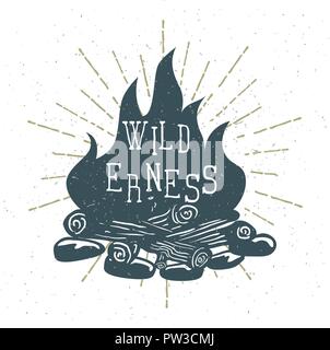 Hand Drawn Campfire with Vintage Sunburst. Vector Stock Vector