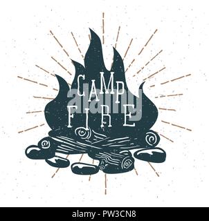 Hand Drawn Campfire with Vintage Sunburst. Vector Stock Vector