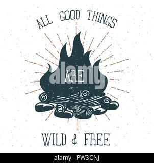 Hand Drawn Campfire with Vintage Sunburst. Vector Stock Vector