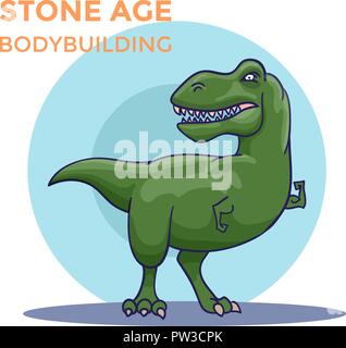 Hand Drawn Cartoon Tyrannosaur shows his biceps. Vector Stock Vector