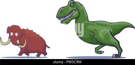 Hand Drawn Cartoon Tyrannosaur chasing Mammoth. Vector Stock Vector