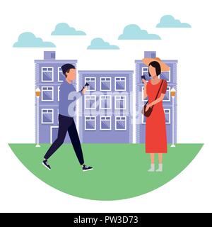People using smartphone at city cartoon vector illustration graphic design Stock Vector