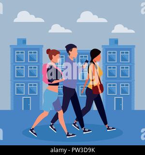 People using smartphone at city cartoon vector illustration graphic design Stock Vector