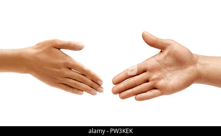 Man's hand and woman's hand make handshake isolated on white background. Close up. High resolution Stock Photo
