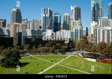 18.09.2018, Sydney, New South Wales, Australia - A view of Sydney's cityscape with the central business district and the Tumbalong Park. Stock Photo