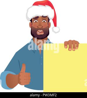 African man in christmas hat holding blank banner. African american man with board. Thumbs up vector illustration Stock Vector