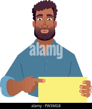 African man holding blank card. African american man pointing finger at card. Vector illustration Stock Vector