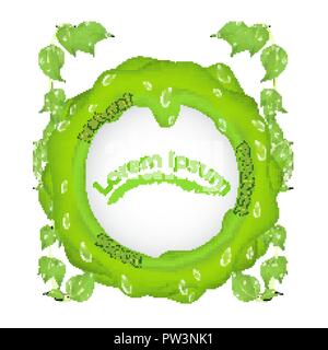 Green BLOB with branches leaves and dew drops and the inscription 100 natural product, with a place under the text in the middle isolated on a white b Stock Vector
