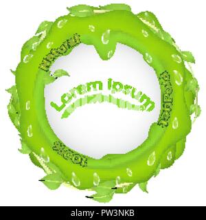 Green BLOB with branches leaves and dew drops and the inscription 100 natural product, with a place under the text in the middle isolated on a white b Stock Vector