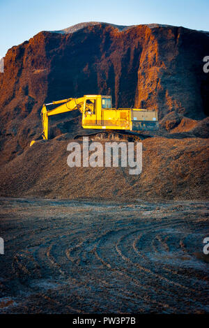 Excavator on a  woodchips pile in a biomass power plant, Veneto, Italy Stock Photo