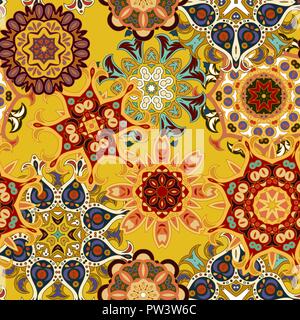 Seamless multicolor pattern with oriental mandalas. Islam, Arabic, Asian motifs. Kaleidoscope elements. Vintage lace mood. Fabric, wallpaper or wrap print Stock Vector