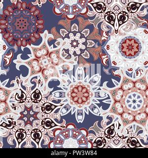 Seamless multicolor pattern with oriental mandalas. Islam, Arabic, Asian motifs. Kaleidoscope elements. Vintage lace mood. Fabric, wallpaper or wrap print Stock Vector