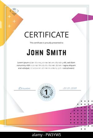 Official white certificate with pink yellow gradient design elements, mountain logo. Business clean modern design Stock Vector