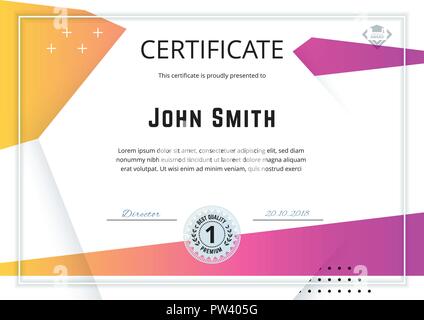 Official white certificate with pink orange gradient design elements, mountain logo. Business clean modern design Stock Vector