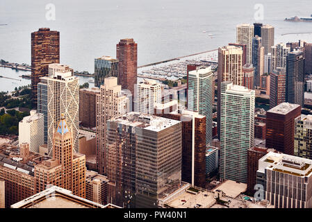 Aerial image of downtown Chicago at sunset with looking out to skyscrapers and pier Stock Photo