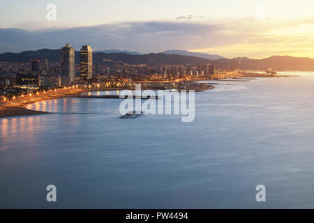 Aerial view of Barcelona Beach in summer night along seaside in Barcelona, Spain. Mediterranean Sea in Spain. Stock Photo