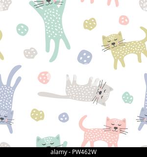 Childish seamless pattern with cats. Creative texture for fabric Stock Vector