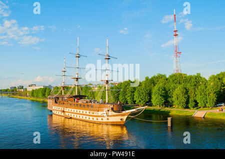 Veliky Novgorod, Russia -May 17, 2018. Restaurant complex Frigate Flagship and water area of Volkhov river in spring day in Veliky Novgorod, Russia Stock Photo