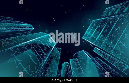 Polygonal low angle business modern glass buildings. Skyscrapers high rise reach sky city scenery. Finance banking futuristic office concept. Gigantic smart house from below vector illustration Stock Vector