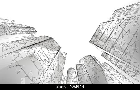 Polygonal low angle business modern glass buildings. Skyscrapers high rise reach sky city scenery. Finance banking futuristic office concept. Gigantic smart house from below vector illustration Stock Vector