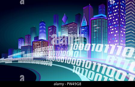 Smart city 3D neon glowing cityscape. Intelligent building highway route night futuristic business concept. Web online vivid color cyberpunk retrowave. Urban technology banner vector illustration Stock Vector